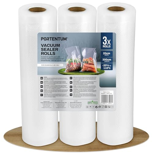PORTENTUM Tomma matpåsar – 6 rullar vakuumförpackare på 20 cm och 3 x 28 cm. Total längd 1800 cm. Påsar vakuumförpackning mat. Certifierad LFGB och BPA Free