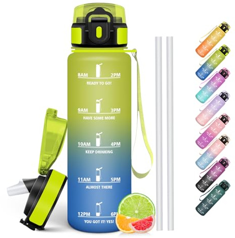 HoneyHolly Trinkflasche 1L, BPA-Frei, Trinkflasche Kohlensäure Geeignet, Wasserflasche Auslaufsicher, Sportflasche mit Strohhalm, Wasserflasche Sport für Fahrrad, Fitness, Laufen, Wandern