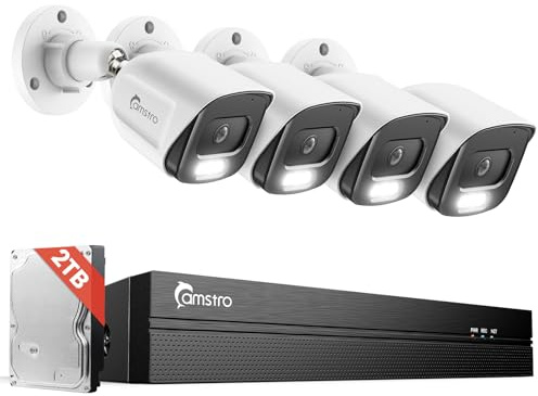 CAMSTRO 4Pcs 5MP PoE Security Camera System with 4K 8CH NVR, 2TB HDD, AI Human/Vehicle/Pet/Parcel Detection, 100ft Night Vision, H.265+, IP67 Metal Cameras, 24/7 Recording & Remote Access- White