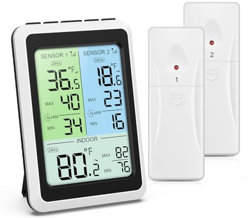 Ankilo Digitales Fridge-Thermometer, Wireless Fridge Thermometer mit 2 Sensoren, Farb-LCD-Bildschirm & Max Min-Aufnahmen, Temperaturalarm, für Zuhause, Restaurants, Küche