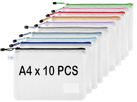 A4 Zip-Beutel 10er Pack mit Beschriftungsfach, TRANBO Mesh Dokumententaschen in 10 verschiedenen Farben, 34×24 cm für Büro, Schule, Zuhause