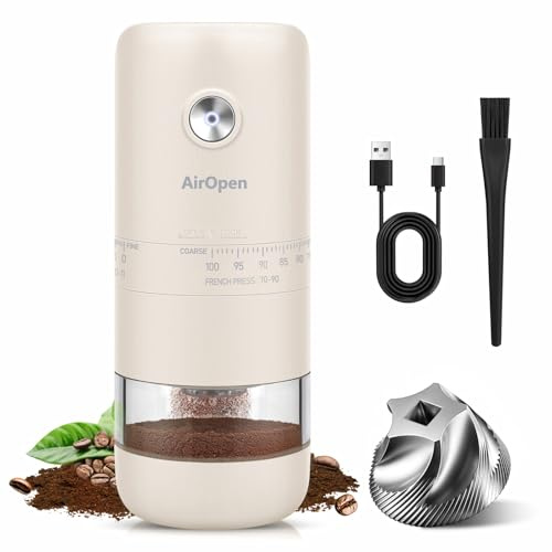 AirOpen Tragbare elektrische Kaffeemühle mit Edelstahl-Kegelmahlwerk, 100-stufig extern einstellbar für Espresso bis Cold Brew, USB-C, 30 g Small-Batch Coffee Grinder für Zuhause, Büro und Reisen