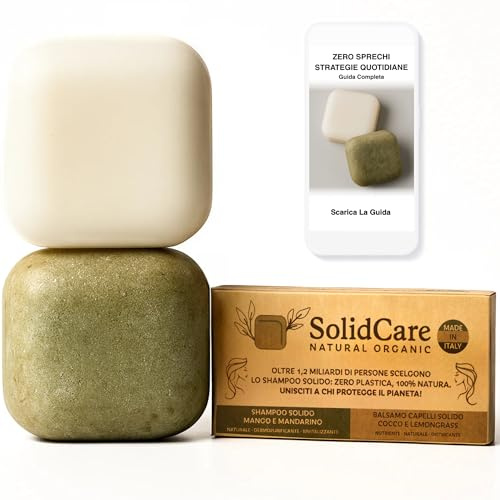SolidCare - shampo solido e balsamo solido da 65g, delicati e naturali, con profumo di mango e mandarino e oli essenziali di arancio dolce e rosmarino, per capelli morbidi e vitali