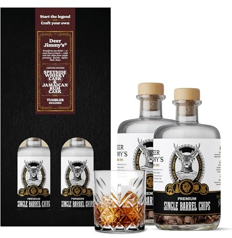 Deer Jimmy's Coffret cadeau DIY 2 bouteilles et 1 verres à whisky – Faire du whisky vous-même avec du bois de chêne en fûts de Speyside et de rhum écossais – Mûrage profond pour chaque spiritueux