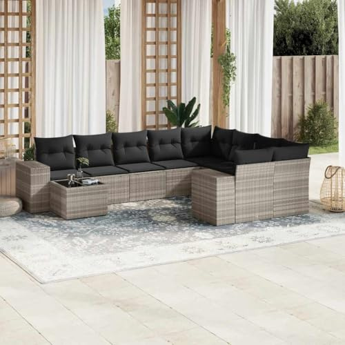 QJBSAVVA 10-TLG. Gartenlounge Set PE-Rattan hellgrau mit klappbarer Glasplatte 62 x 62 x 69 cm Robust & Modernes Design für Terrasse Balkon und kleinen Garten