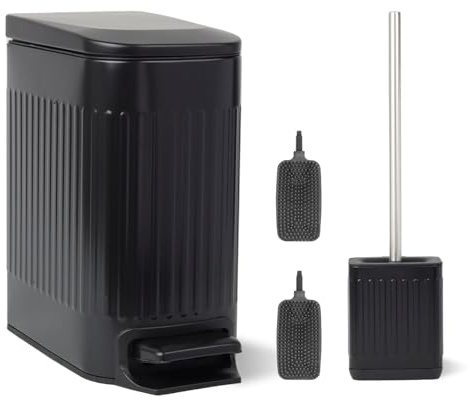 FAMM TASTIC Set of 7L Narrow Metal Pedal Toilet Bin Black Bathroom Bin/Office Bin/Bedroom Bin Small Bin with Lid and Silicone Toilet Brush and Holder (with 2 extra brush heads)