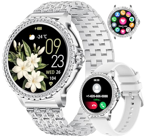 LIGE Smartwatch Damen Bluetooth Anrufe für Android iOS 1,32 HD Full Touch Screen Frauen Fitnessuhr Silber Diamant Edelstahl,Herzfrequenz,Schlaf Monitor,Schrittzähler, Kalorien,100+ Sport Mode