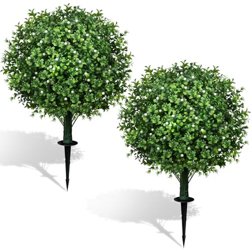 MixcMax Artificial Plants Outdoor, 2 Pack Topiary Ball Plastic Flowers Fake Boxwood Plants Faux Planter Shrubs Evergreen Greenery for Front Door Garden Indoor Home Decor