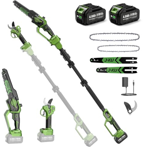J-KU Podadora de Altura 4 en 1 a Batería, Mini Motosierra 20 cm (8) y Tijeras de Podar Eléctricas 35 mm, Pértiga Telescópica hasta 2,6 m, 2×4000 mAh, Herramientas de Jardín