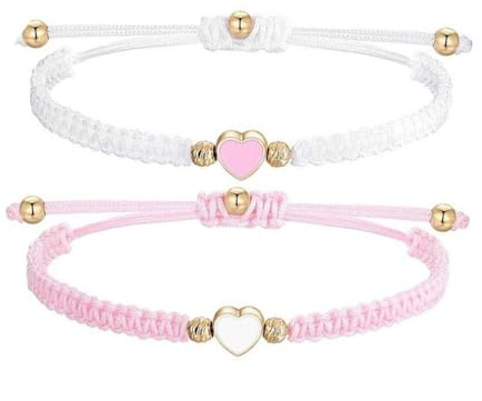2PCS Braided Rope Bracelets, Inspirational Gifts for Women, Strength Bracelet & Motivational Wristband for Best Friends, Couple Handmade Cord Heart Bracelet, String Adjustable Bracelets (Pink & White)