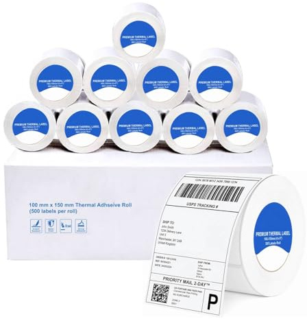 Etiquetas de envío térmico directo de 100 x 150 mm, 5000 etiquetas, 10 rollos de 500 etiquetas autoadhesivas blancas de alta calidad, compatibles con impresoras Zebra y MUNBYN para Amazon Royal Mail
