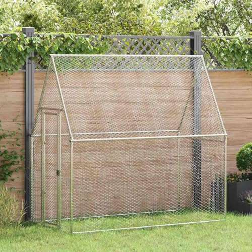 QUAHEAS Hühnerkäfig Silbern aus verzinktem Stahl 200x100x190 cm großer Kleintierstall mit Tür und Schloss wetterfestes Outdoor Gehege für Hühner, Kaninchen, Enten, Meerschweinchen, Garten