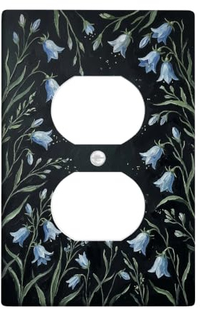 Bellflower Duplex Outlet Covers Wall Plate, Floral Nature-Inspired Leaves Dark Background Spring Blue Plastic Standard Size Decorative Receptacle Outlet Covers for New Home Bedroom Office Decor