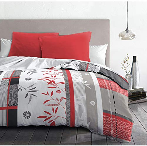 Home Linge Passion Parure de Couette 3 Pièces, Microfibre, Rouge-Blanc-Gris, 220x240 cm 62108