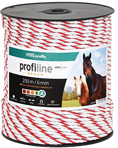 VOSS.farming 400m Weidezaunseil 6mm Elektrozaunseil 6X 0,25 HPC-Leiter - mit Zubehör - weiß-rotes Elektroseil Pferdezaun Weidezaun Elektrozaun Ponyzaun