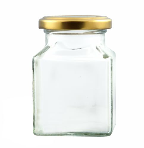 Wares of Knutsford 100 X Square Glass Jam Jars (200ml) With Gold Lids. Square Jam Jars for Chutney, Jam, Marmalade, Relishes.