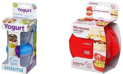 Sistema Yogurt to Go Round Containers, 150 ml - Pack of 2 & Microwave Egg Cooker Easy Eggs, 270 ml - Red