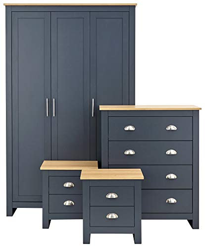 GFW Lancaster 4 Piece Bedroom Set Slate Blue Bedside Cabinet Chest Of Drawers Wardrobe