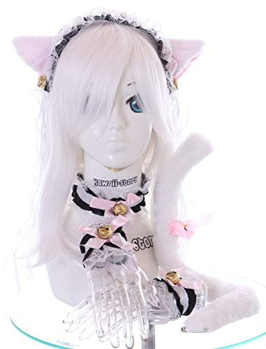 Kawaii-Story C-12-5 Weiß Schwarz Gothic Lolita Maid Katzen Ohren Haarband Halsband Armband Schwanz Set Cosplay