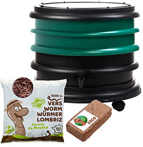 WORMbox | Vermicompostaggio 2 Vassoi Verde Scuro + 500g di Vermi Lombrichi / 1000 pz. + 1 Cocco | 32L| Compost di Rifiuti Organici Compostiera Vermifuga Lombricompostiera | Lombrichi = Humus lombrico