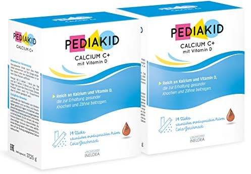PEDIAKID - Calcium C+ et Vitamine D - Complément Alimentaire Naturel - Couvre 100% des AJR en Calcium - Maintien du capital osseux et dentaire - Goût Cola - Sticks de poudre orodispersible - Lot de 2