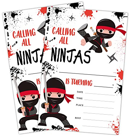 LWBEO A43 Lot de 20 cartes d'invitation d'anniversaire avec enveloppes pour garçons ou filles Motif guerrier Ninja