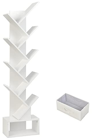 SFAREST 8/10-Tier Tree Bookshelf, Floor Standing Wooden Bookcase with Anti-slip Foot Pads, Display Storage Book Rack for Living Room, Home & Office (10 Tiers, White)