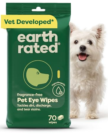 Earth Rated Vet-Developed Pet Eye Wipes, Hypoallergenic Cleaner for Dogs & Cats Eyes to Remove Dirt & Discharge, Fragrance Free, 70 Count
