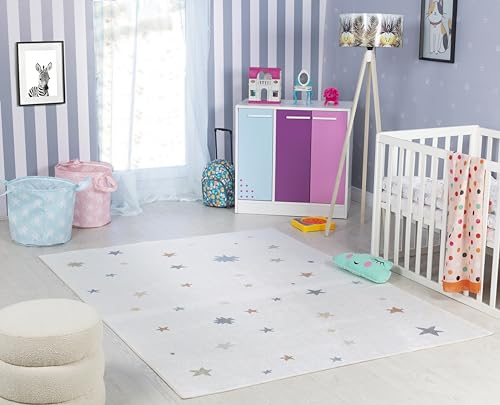 Livabliss Alfombra Infantil habitacion Pequeñas Estrellas - Alfombra Bebe para Dormitorio, Habitacion de Niños, Guardería o Sala de Juegos - Alfombras Niños Niñas, Color Crema, 120x170cm