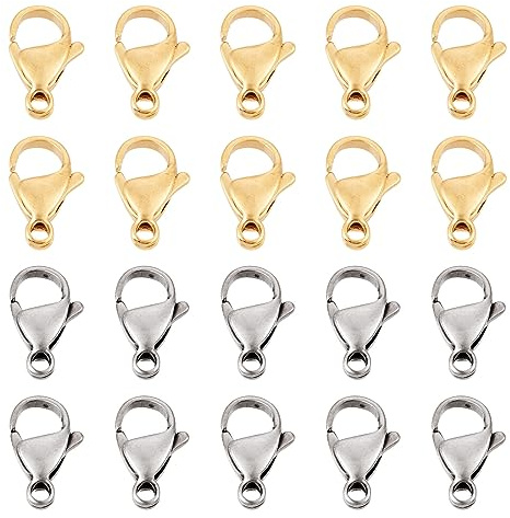 Bestewelry Set di 100 chiusure a moschettone da 15 mm, placcate in oro 24K, in acciaio inox 304, per la creazione di gioielli, bracciali, collane