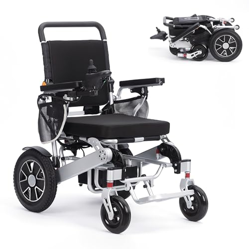 Elektrischer Rollstuhl Leichter Faltbar, 20km Fahrstrecke Reiserollstuhl Elektrorollstuhl leicht für Erwachsene und senioren, Faltbarer Rollstühle mit Elektroantrieb, Unterstützung 150 Kg, Aluminium