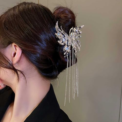 Danshinbow Metall-Haarspange mit Schmetterlings-Quaste, Edelstein, hoher Pferdeschwanz-Clip, zweireihige Zähne, Haarspangen, Retro-Stil, Zubehör für Frauen und Mädchen