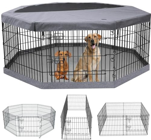 PETIME Foldable Metal Dog Exercise Pen/Pet Puppy Playpen Kennels Yard Fence Indoor/Outdoor 8 Panel 24 W x 30 H with Top Cover and Bottom Pad (Playpen+Bottom+Top Cover, 8 Panels 30 H)