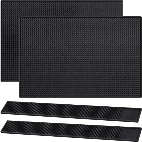 Jingmore 4 Pcs Thick Rubber Bar Mats for Bartending, Durable Non-Slip Spill Mat for Countertop, Home Kitchen, Coffee Bars, and Restaurants Accessories, Black(18 X 12+24 X 3)