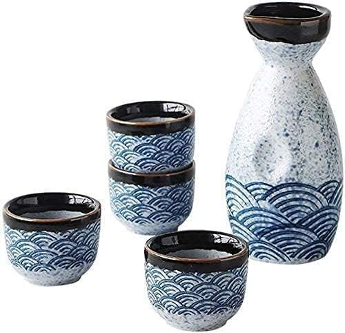 Juego de Sake japonés, cerámica de 5 Piezas, Juego de recipientes para Sake, Serie Sea Ripple, Material cerámico, 4 Tazas de Sake, 1 Botella de Sake