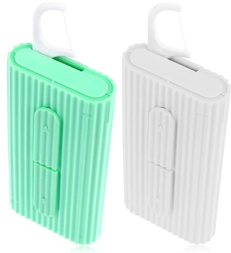 WLLHYF Portable Dental Floss Case Automatic Dental Floss Pick Organizer Case Travel Flosser Dispenser Storage Cases Refillable Holder Boxes with 10 Floss Picks for Teeth Clean (White+Green)
