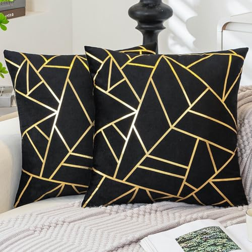 ViaElayu Kissenbezug 45 x 45 Schwarze Sofakissen mit goldenem geometrischem Deko Kissen Samt kissenbezüge Moderne Kissen Quadratische Kissen bezüge Dekoration 2er Set Schlafzimmer