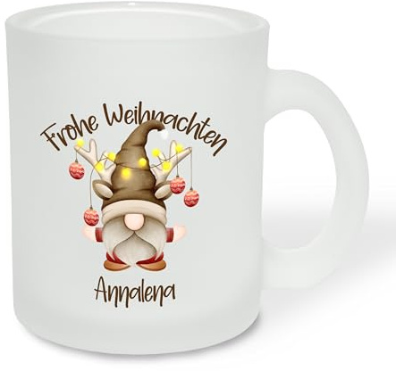 True Statements Geschenk für Glühwein-Fans: Glastasse „Frohe Weihnachten“ personalisiert mit Namen - Rentier & Wichtel - Geschenkidee zur Adventszeit & Weihnachtszeit - satiniert, ca. 300ml