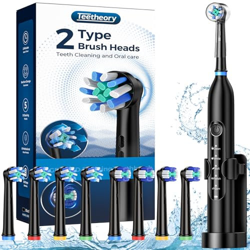 Electric Toothbrush for Adults - Rotating Travel Toothbrush with 8 Brush Heads (2 Types), 5 Cleaning Modes, 2.5H Fast Charge, Type-C, IPX7 Waterproof, Black