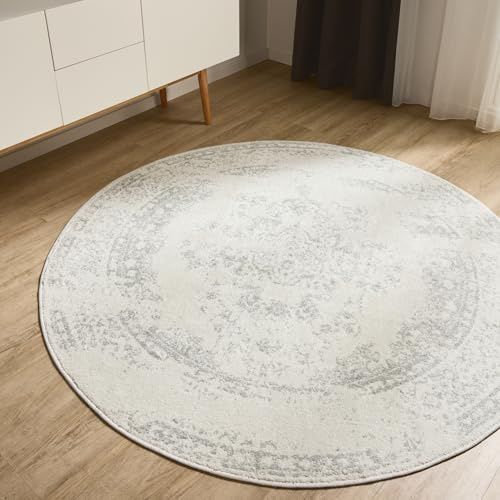 benuta Basic Teppich Sia - Creme/Taupe 160 cm rund - Kunstfaser - rund & im Style: Vintage, Boho-Style, Retro - Pflegeleicht für Wohnzimmer Schlafzimmer