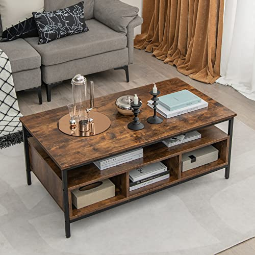 GOPLUS Mesa de Centro con 6 Compartimientos, 105 x 60 x 45 cm, Mesa Salón de Madera con Estructura de Metal, Carga 95 kg, Mesa Moderno Decorativo, Marrón Rústico