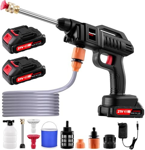 Bellanny Hidrolimpiadora sin Cable | 21V 60 Bar/ 870 PSI Limpiadoras a presión | Pistola de Agua a presión | Pulverizador de Espum, 2 batería,3 en 1 Boquilla,5m Manguera,Cubo,para Coche,Suelo,Patios