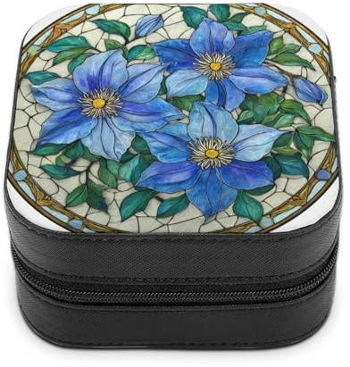 Jubonexis Small Jewelry Box Stained Glass Blue Clematis Flowers Portable PU Leather Mini Display Storage Holder Boxes Travel Jewelry Case for Women