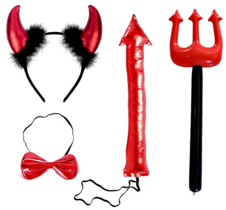 OIXYEY Corni Demone Halloween Set 4 Pezzi con Tridente, Accessorio Costume Spaventoso per Adulti e Bambini, Ideale per Feste di Halloween, Carnevale e Role Play Horror.