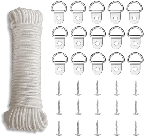 Koprek 15m*3mm Picture Hanging Cord Picture Wire Heavy Duty White Strong Nylon Cord with D Ring Picture Hangers 15 Hanging Hooks and 15 Screws for Hanging Pictures Mirror Paintings Wall Art