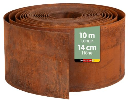 UNUS Bordure de jardin en acier Corten 10 m x 14 cm Bordure de parterre flexible en métal résistant aux intempéries pour jardin, parterre, pelouse et allées, gants inclus