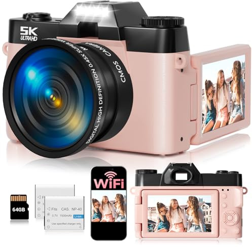 5K Digital Camera for Photography,UHD 75MP WiFi Vlogging Camera for YouTube,Compact Camera with 3 180°Flip Screen,64GB SD Card,16X Digital Zoom,2 Batteries,Perfect for Beginners and Teens,Pink