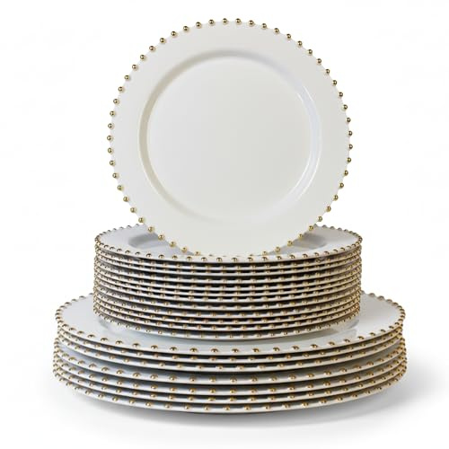 Playlearn Luxia 20Pcs Elegant Gold Bead Rim Plastic Plate Set – Reusable 10 Dinner and 10 Dessert Plates Set, Hard Plastic Plates for Parties, Weddings, Birthday Events, Elegant Party Tableware