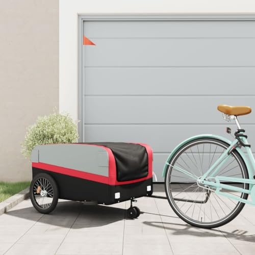 Kaloriko Cykelvagn svart och röd av järn 45 kg lastkapacitet med dragstång säkerhetsflagga, vikbar, robust för lasttransport, utomhus, velo, joggare, shopping och vardag