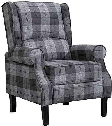 Huisen Furniture Comfy Recliner Armchair Chair Living Room Reclining Chair Checkered Fabric Upholstered Leisure Chairs High Back with Arms Bedroom Home Lounge Cinema Gaming (Grey Tartan)